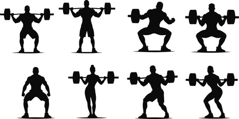 Silhouettes of Men and Women Lifting Barbells – Barbell Squat Exercise, Gym Fitness Training, Strength Workout Vector Illustration