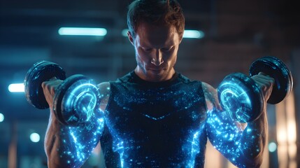Futuristic athlete lifting dumbbells with glowing energy, strength training, digital fitness concept.