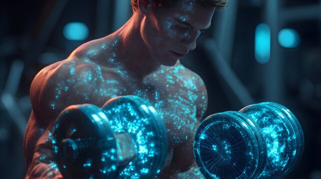Muscular man lifting glowing dumbbells, digital network overlay, fitness technology, strength training concept. - Powered by Adobe