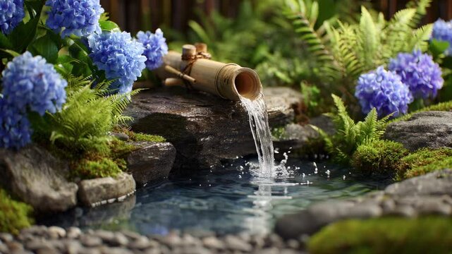 Sound of a bamboo fountain's drip provides a calm mood in hydrangea garden, ideal for deep focus or sleep content.