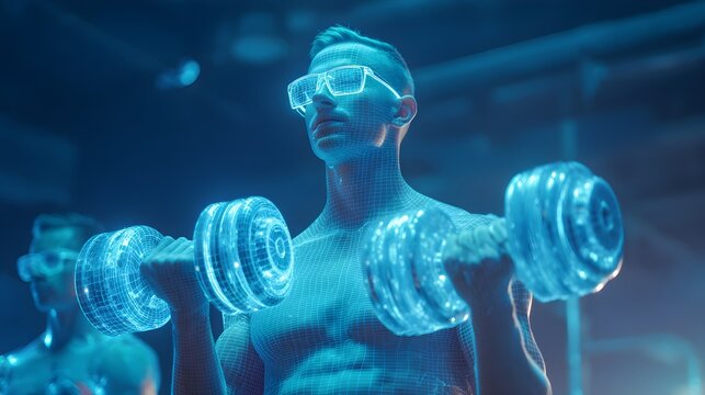 Futuristic athlete lifting weights, digital human body with glowing neon grid, fitness technology concept. - Powered by Adobe