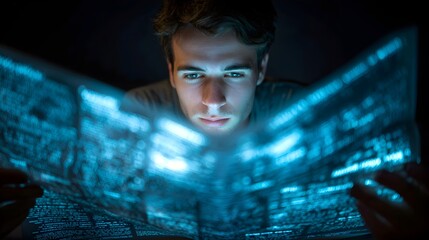 Young man illuminated by glowing digital code, focused on futuristic technology and data streams.