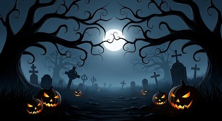 Spooky Halloween graveyard scene at night, illuminated by a full moon, featuring carved pumpkins and gnarled trees.