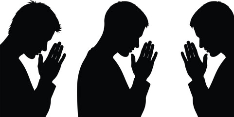 Silhouettes of Men Praying or Reflecting with Hands Raised and Heads Bowed in Profile View, Isolated on White Background