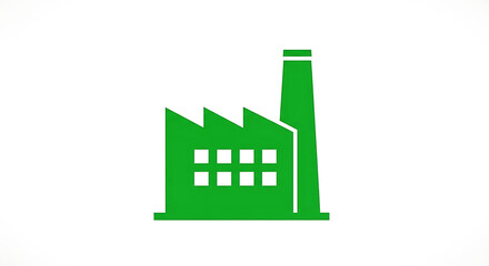 A simple green factory icon with a chimney and multiple windows on a plain white background design ai generated
