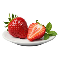 Two ripe red strawberries, one whole, one halved, with fresh green mint and a glistening water droplet, arranged on a small white ceramic plate on a transparent background. Concept of pristine food