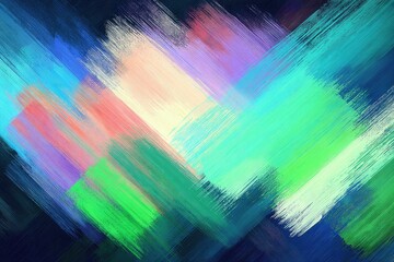 Abstract painting with vibrant, diagonal brushstrokes in pastel and bright colors on a dark background