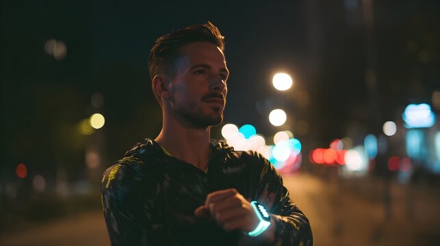Focused young man checking smartwatch while running at night in a vibrant city.