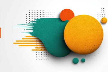 Abstract design with overlapping circles and textured shapes in orange, teal, and ochre on a white background