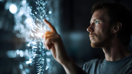 Man interacting with futuristic digital interface, exploring data streams and innovative technology concepts.
