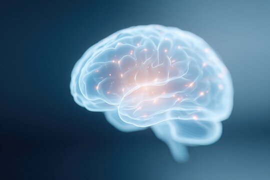 Translucent brain with glowing neural connections against soft b
