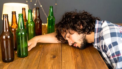 Man asleep at table surrounded by empty beer bottles
