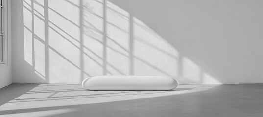 Minimalist white room with elongated, light-toned object