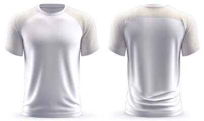 Front and back view of a white athletic t-shirt with contrasting raglan sleeves
