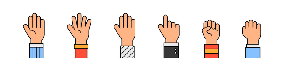 Hands up. Human hand raised in the air. Vote icon.