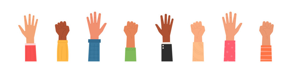 Hands up. Human hand raised in the air. Vote icon.