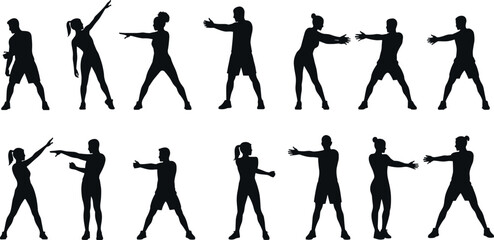 Silhouettes of People Doing Stretching and Warm-Up Exercises – Arm and Side Stretch Fitness Poses Vector Clipart Set