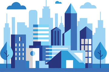 Abstract Urban Landscape Illustration with Buildings Trees and Clouds in Blue Tones