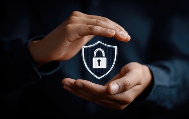 Hands protecting a digital shield with lock graphic