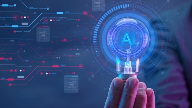 Businessman hand showing AI artificial intelligence icon in glowing light bulb. Machine learning concept, big data, innovation technology, cloud computing, futuristic, internet network communication.