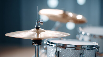 Closeup of a drum kit, spotlighting the ride cymbal and snare drum. Evokes rhythm, creativity, and performance. Ideal for music, entertainment,  artistic projects.