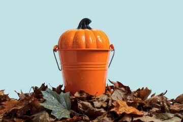 An orange bucket filled with a pumpkin sits atop a bed of autumn leaves against a pale blue backdrop.