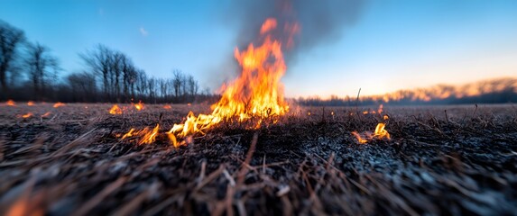 Controlled Burn in a Field at Dusk