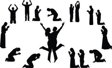Silhouettes of People Praying in Various Positions Around a Joyful Jumping Couple, Spiritual Worship and Faith Vector Illustration