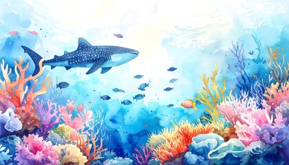 Whale Shark Swimming in Vibrant Coral Reef Underwater Watercolor Painting.