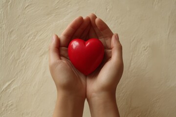 Fototapeta premium A red heart rests gently in cupped hands against a textured beige background.