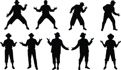 Silhouettes of People Shrugging and Gesturing with Hands, Expressive Poses of Men Wearing Hats, Various Body Language and Gestures