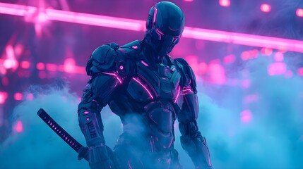 Cyberpunk samurai warrior with katana, neon lights, futuristic armor, dramatic pose, digital art concept.