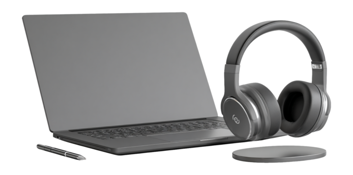 Sleek Gray Laptop and Headphones on Minimalistic Workspace Setup
