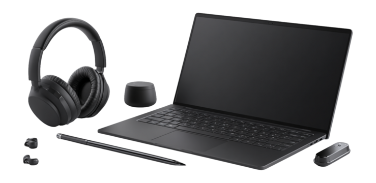 Modern Tech Workspace with Laptop, Headphones, and Accessories