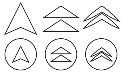 Up arrow button icon. Set of black arrow and chevron icons in solid and outline styles, representing direction, navigation, movement, and user interface design.
