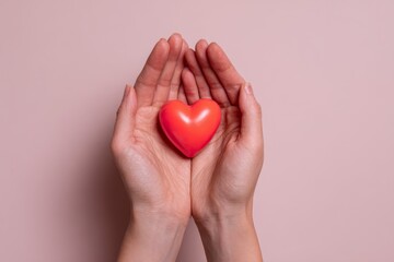 Fototapeta premium Tender hands cradle a vibrant red heart against a soft pink backdrop.