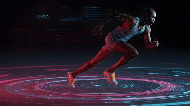Futuristic runner with data visualization overlay, representing speed, fitness, and technological advancement.