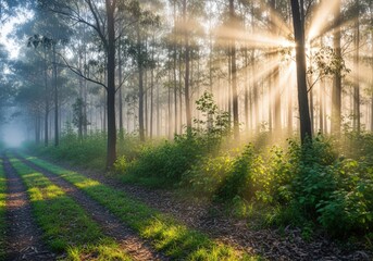 Obraz premium Morning sunbeams light a tranquil foggy forest path