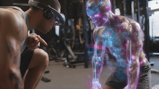 Fitness trainer using augmented reality to analyze athlete’s biomechanics and performance data.