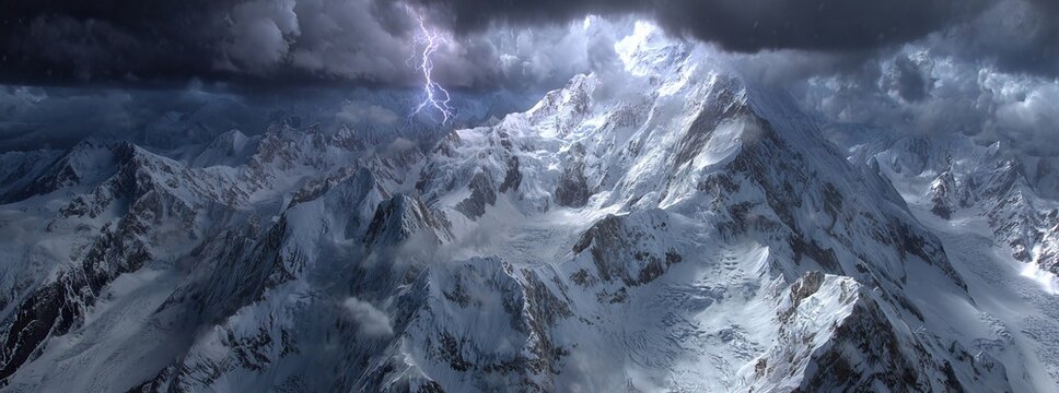 Majestic snow-capped mountains under a stormy sky with lightning - Powered by Adobe