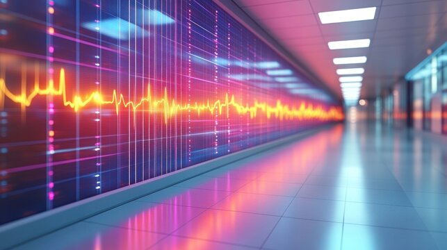 Futuristic corridor with glowing data wall showing EKG