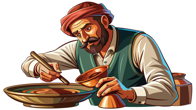 Close-up portrait of male coppersmith polishing a handmade bowl. Isolated white background showcases heritage, strength, and shimmering beauty.