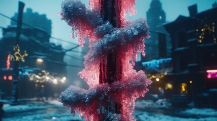 Enchanted Winterscape: Ice-Laden Post in a Festive, Snowy Town Square at Night