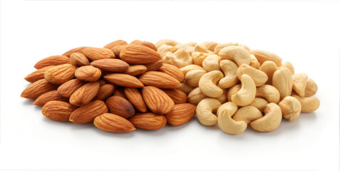 Pile of almonds and cashews isolated on white background in natural eco healthy food composition