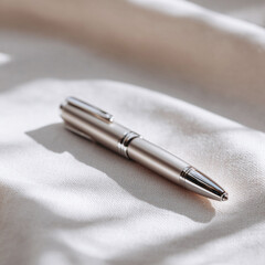 Naklejka premium Elegant metallic pen resting on soft white fabric. Symbol of writing, creativity, and thoughtful reflection. Ideal for business, lifestyle, or education themes.