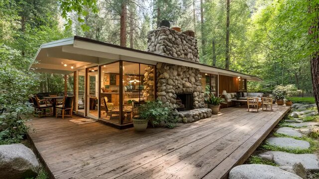 Modern midcentury style house with large windows and a wooden deck surrounded by tall redwood trees