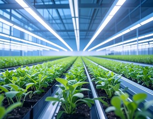 Modern hydroponic greenhouse, vibrant plants
