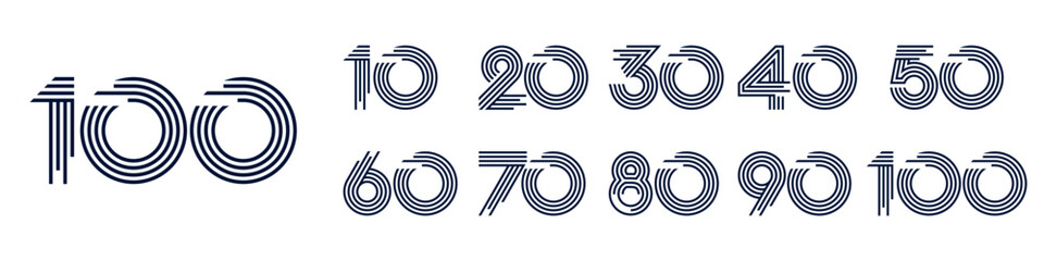 collection anniversary 10 to 100 year logo designs. abstract number for celebration event, wedding, greeting card, and invitation, vector illustration