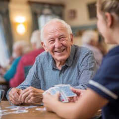 Elderly man playing friendly card game with facility staff member in recreation room, senior care social interaction and engagement concept in assisted living.