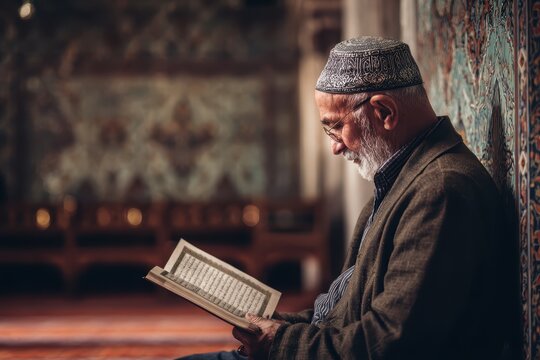 Elderly man reading sacred text with peaceful concentration in quiet mosque interior, senior spiritual study and devotional practice concept showing reverent worship.